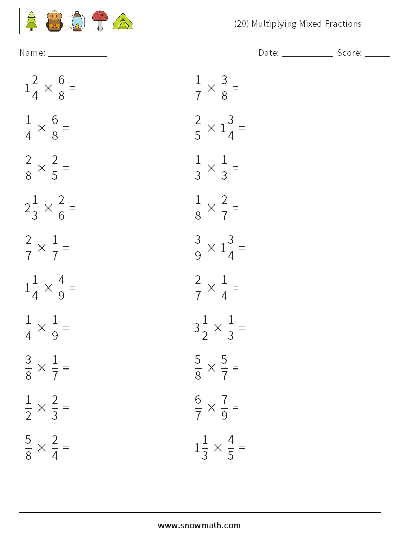 (20) Multiplying Mixed Fractions Maths Worksheets 3
