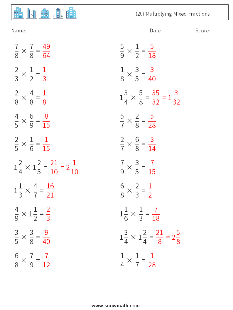(20) Multiplying Mixed Fractions Maths Worksheets 4 Question, Answer