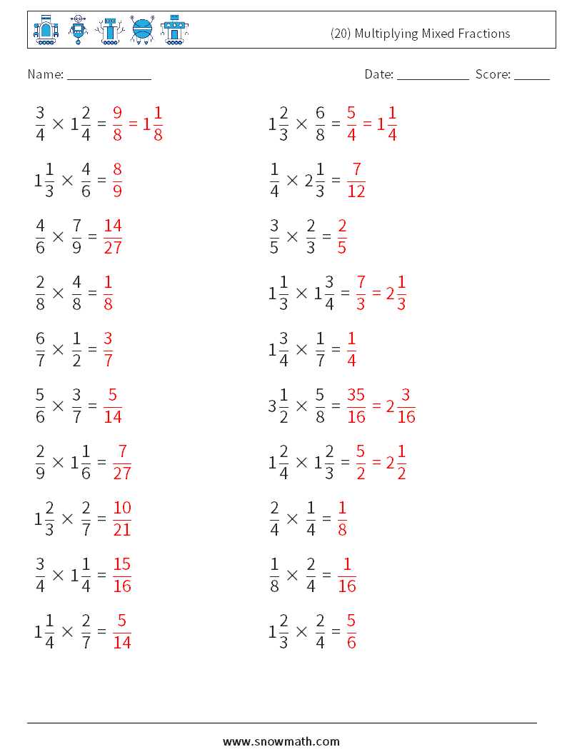 (20) Multiplying Mixed Fractions Maths Worksheets 6 Question, Answer