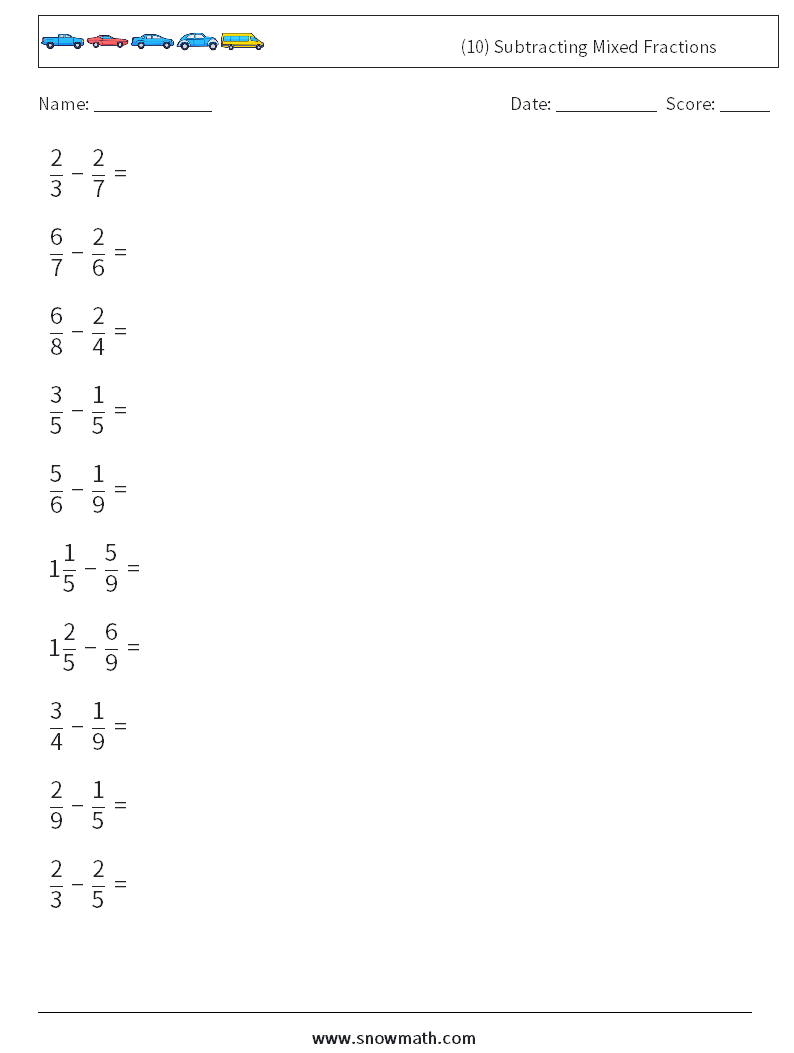 (10) Subtracting Mixed Fractions Maths Worksheets 10