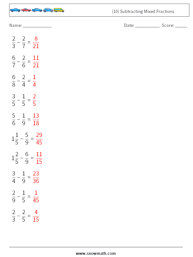 (10) Subtracting Mixed Fractions Maths Worksheets 10 Question, Answer