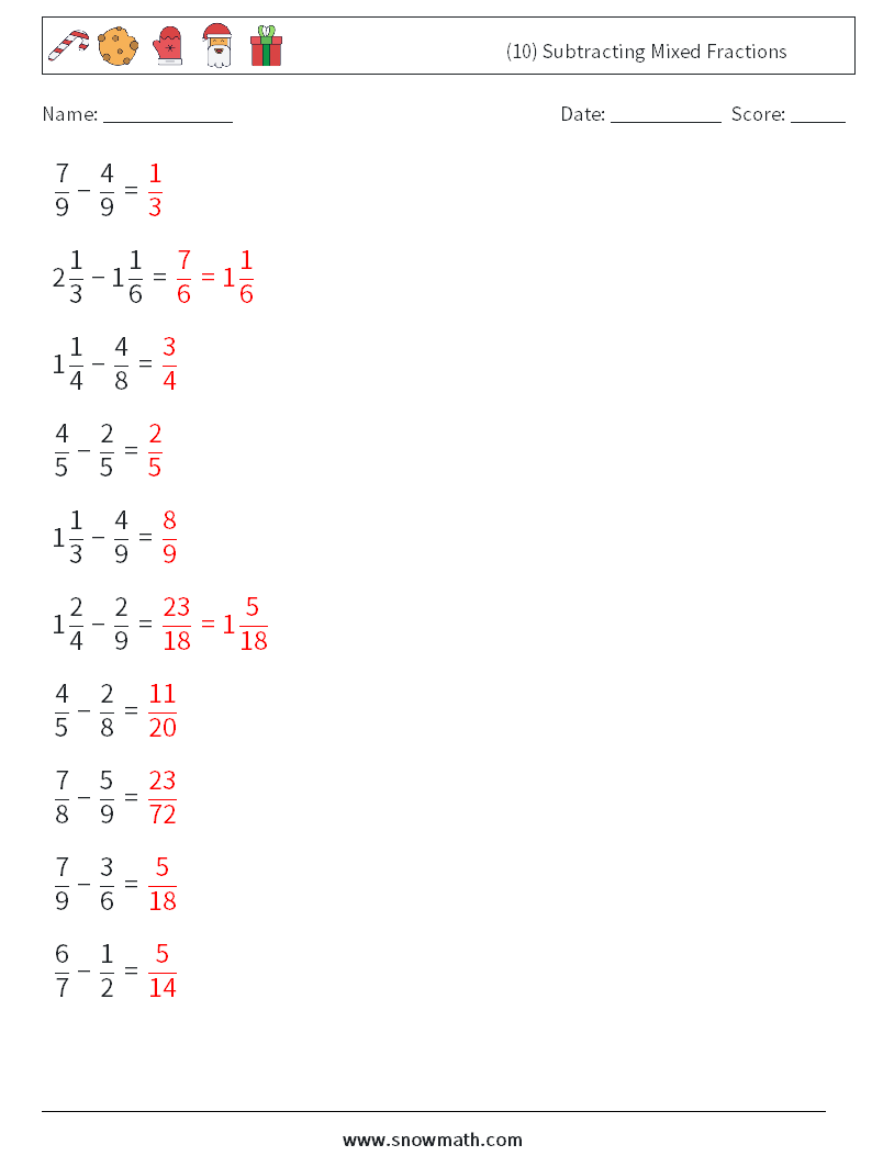 (10) Subtracting Mixed Fractions Maths Worksheets 11 Question, Answer