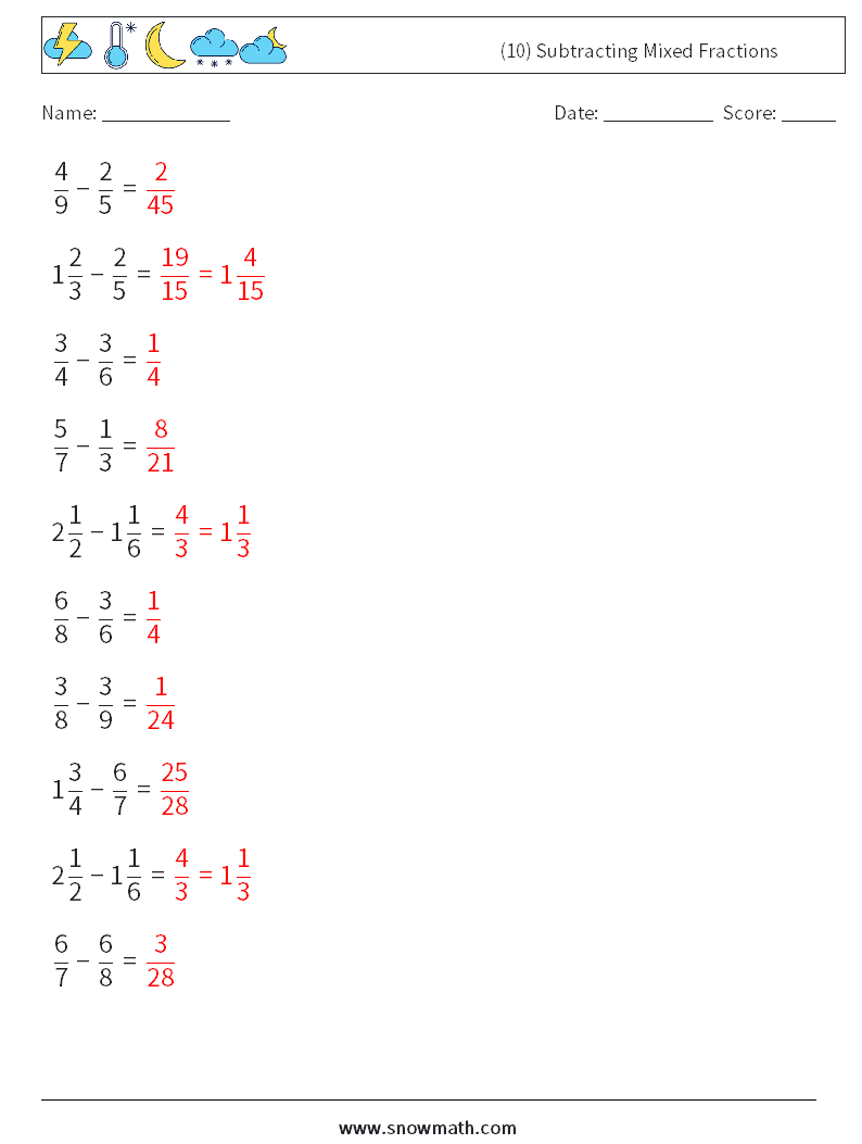 (10) Subtracting Mixed Fractions Maths Worksheets 12 Question, Answer