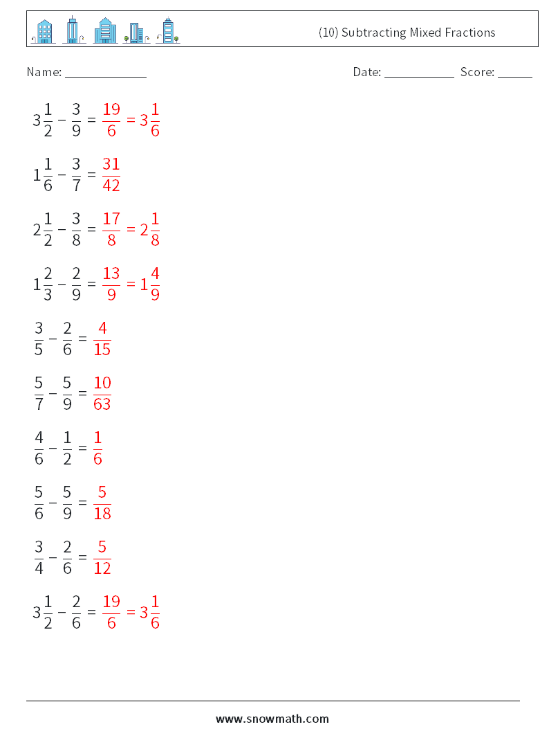 (10) Subtracting Mixed Fractions Maths Worksheets 13 Question, Answer