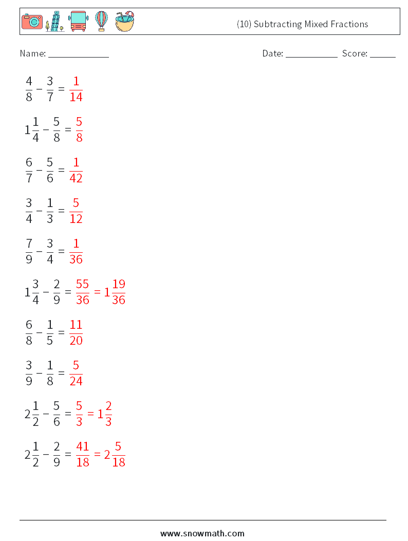 (10) Subtracting Mixed Fractions Maths Worksheets 14 Question, Answer