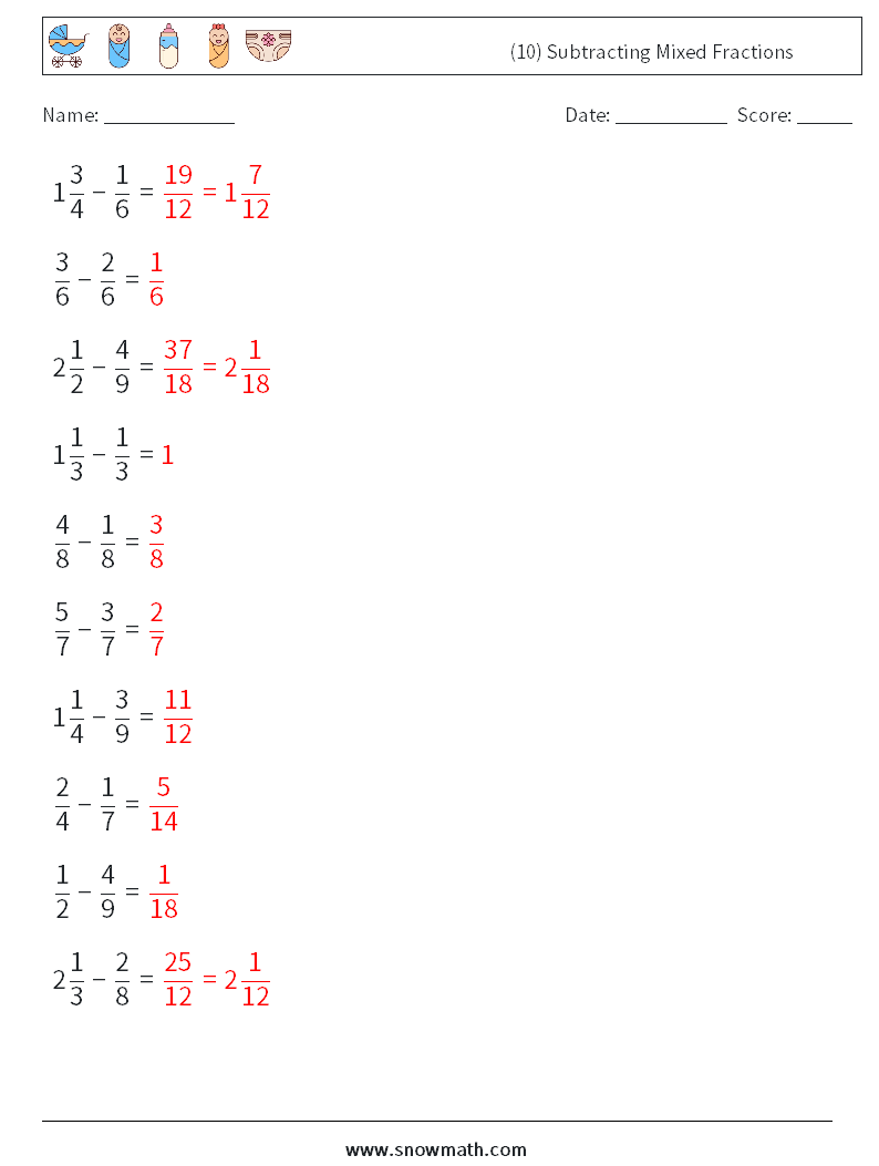 (10) Subtracting Mixed Fractions Maths Worksheets 15 Question, Answer