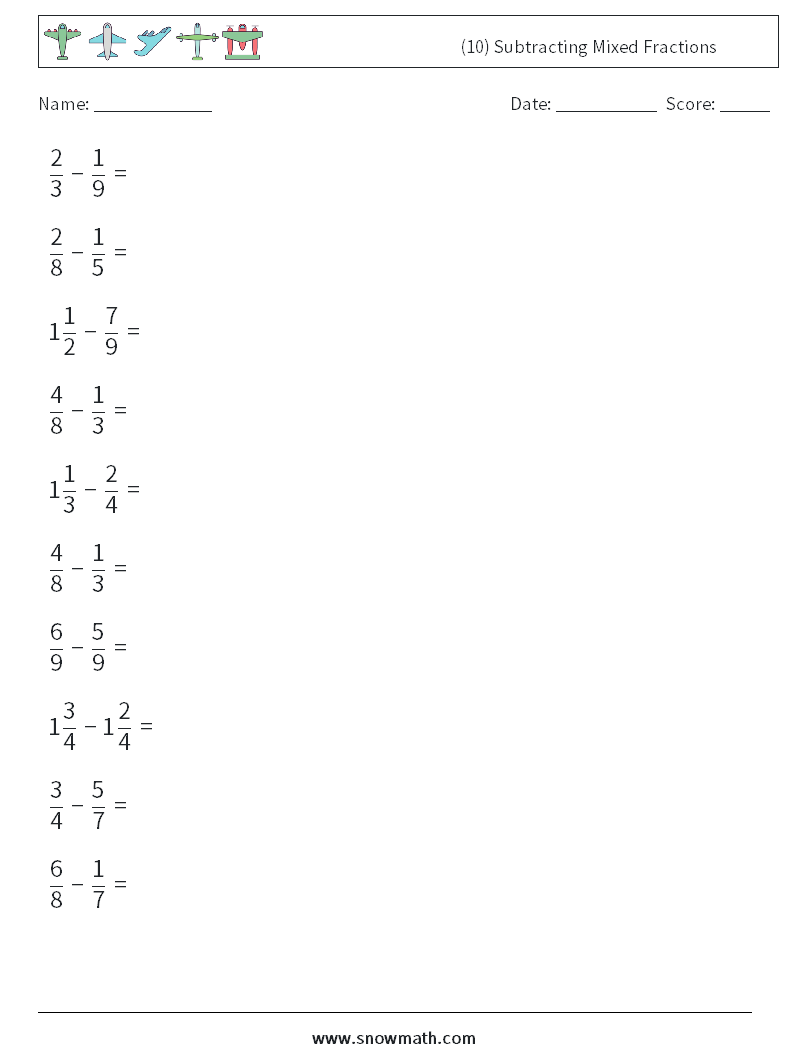 (10) Subtracting Mixed Fractions Maths Worksheets 16