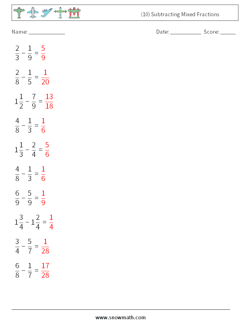 (10) Subtracting Mixed Fractions Maths Worksheets 16 Question, Answer
