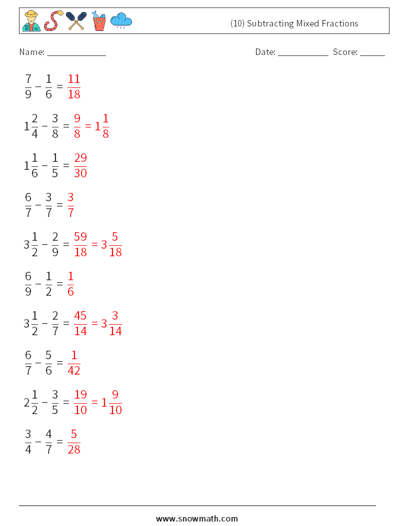 (10) Subtracting Mixed Fractions Maths Worksheets 17 Question, Answer