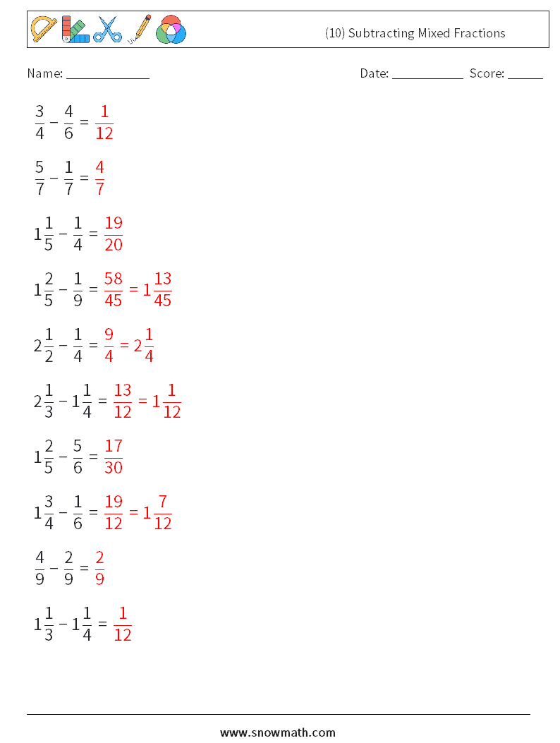(10) Subtracting Mixed Fractions Maths Worksheets 18 Question, Answer