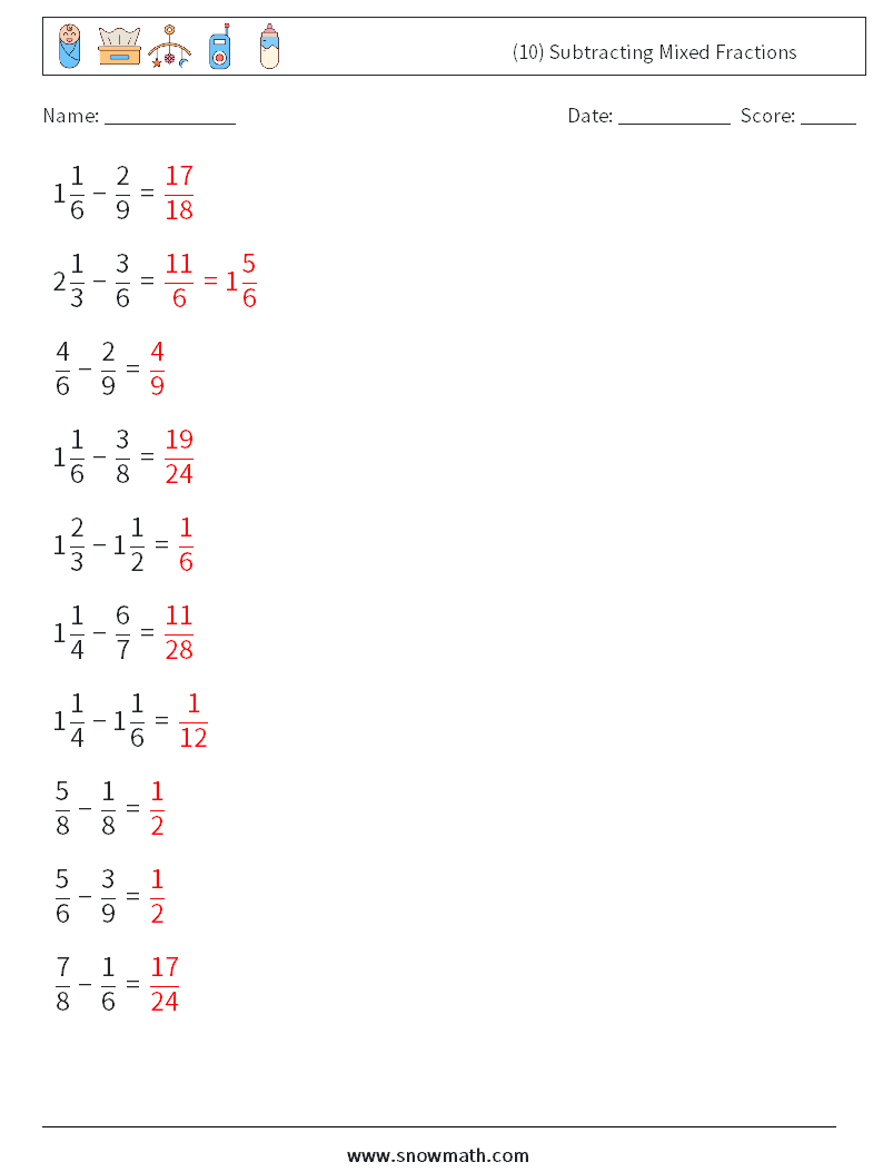 (10) Subtracting Mixed Fractions Maths Worksheets 2 Question, Answer