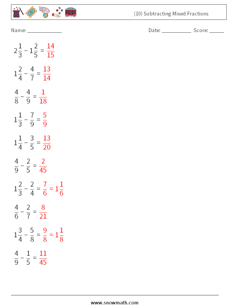 (10) Subtracting Mixed Fractions Maths Worksheets 3 Question, Answer