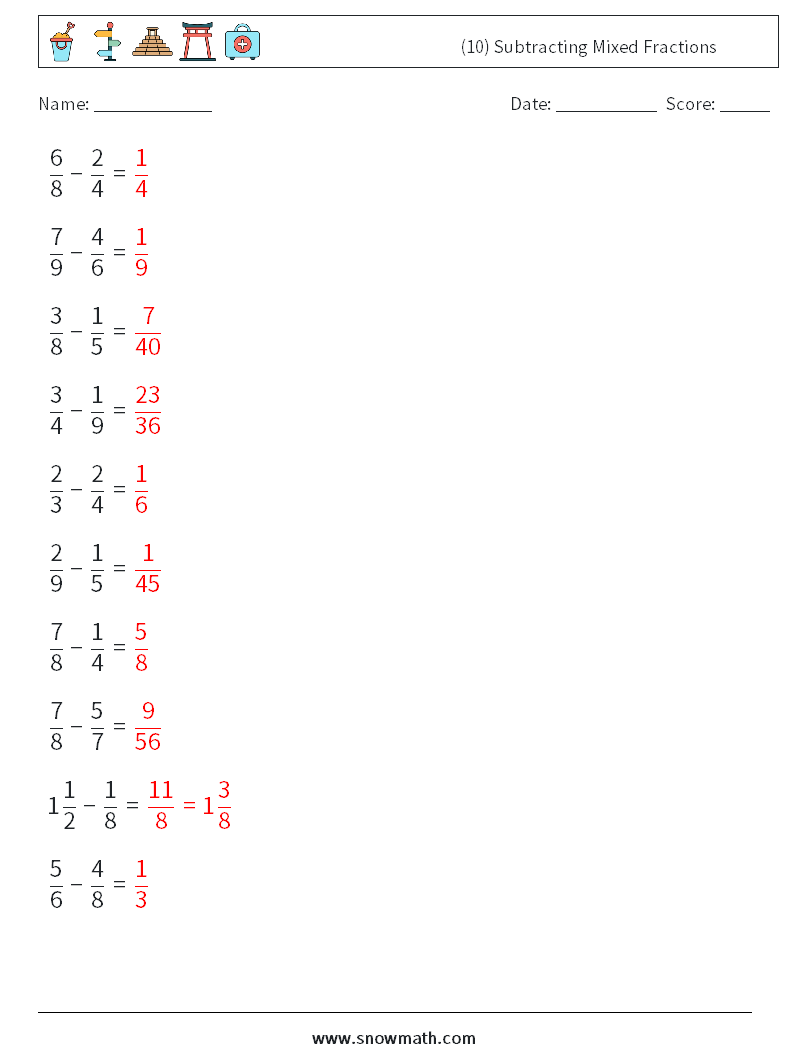 (10) Subtracting Mixed Fractions Maths Worksheets 4 Question, Answer