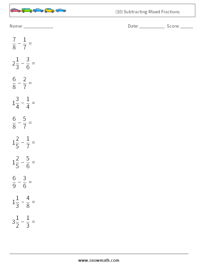 (10) Subtracting Mixed Fractions Maths Worksheets 5