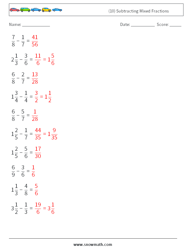 (10) Subtracting Mixed Fractions Maths Worksheets 5 Question, Answer