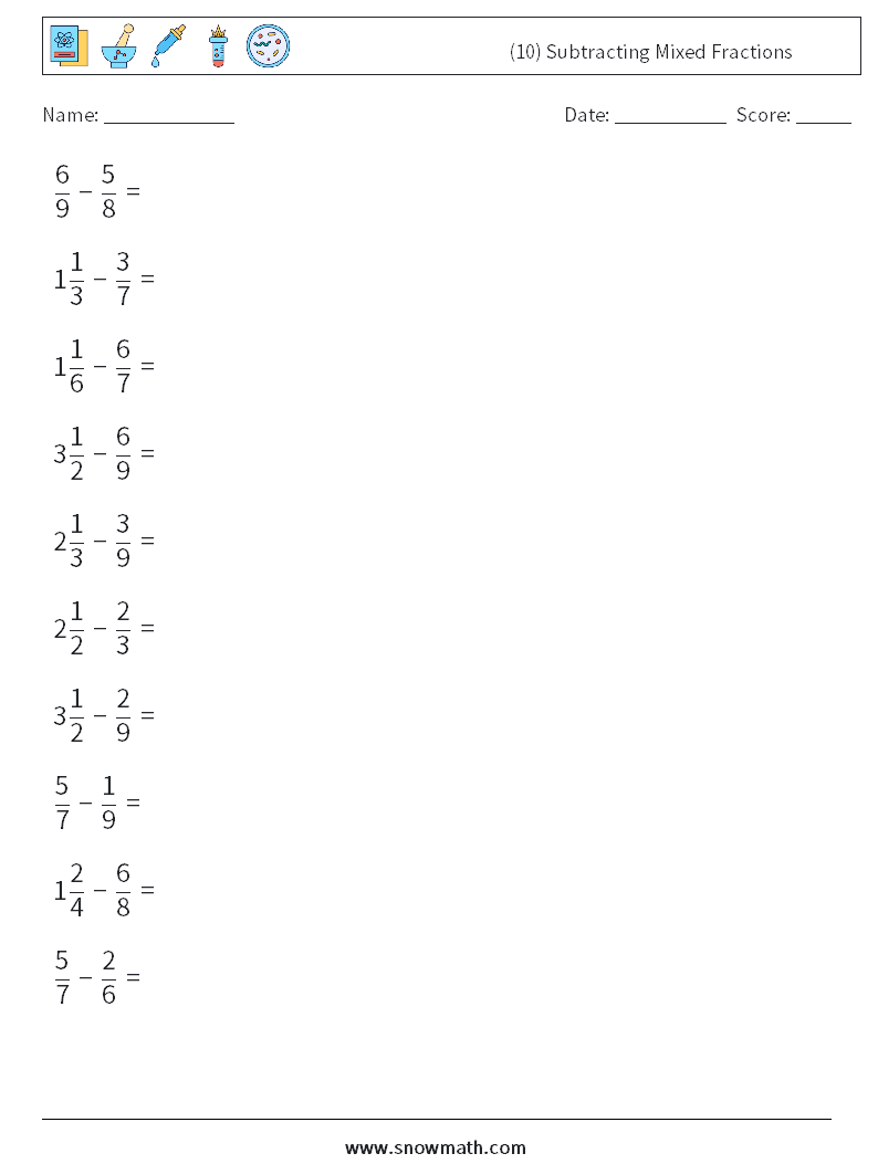 (10) Subtracting Mixed Fractions Maths Worksheets 6