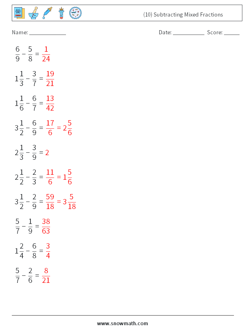 (10) Subtracting Mixed Fractions Maths Worksheets 6 Question, Answer