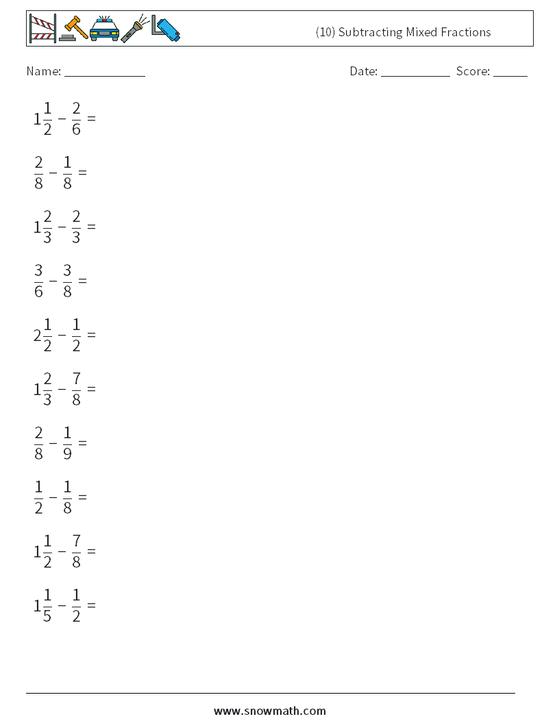 (10) Subtracting Mixed Fractions Maths Worksheets 7