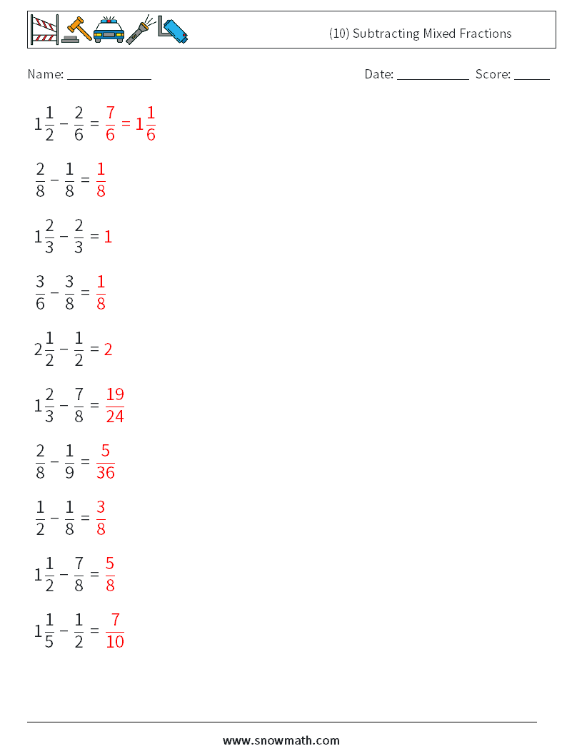 (10) Subtracting Mixed Fractions Maths Worksheets 7 Question, Answer