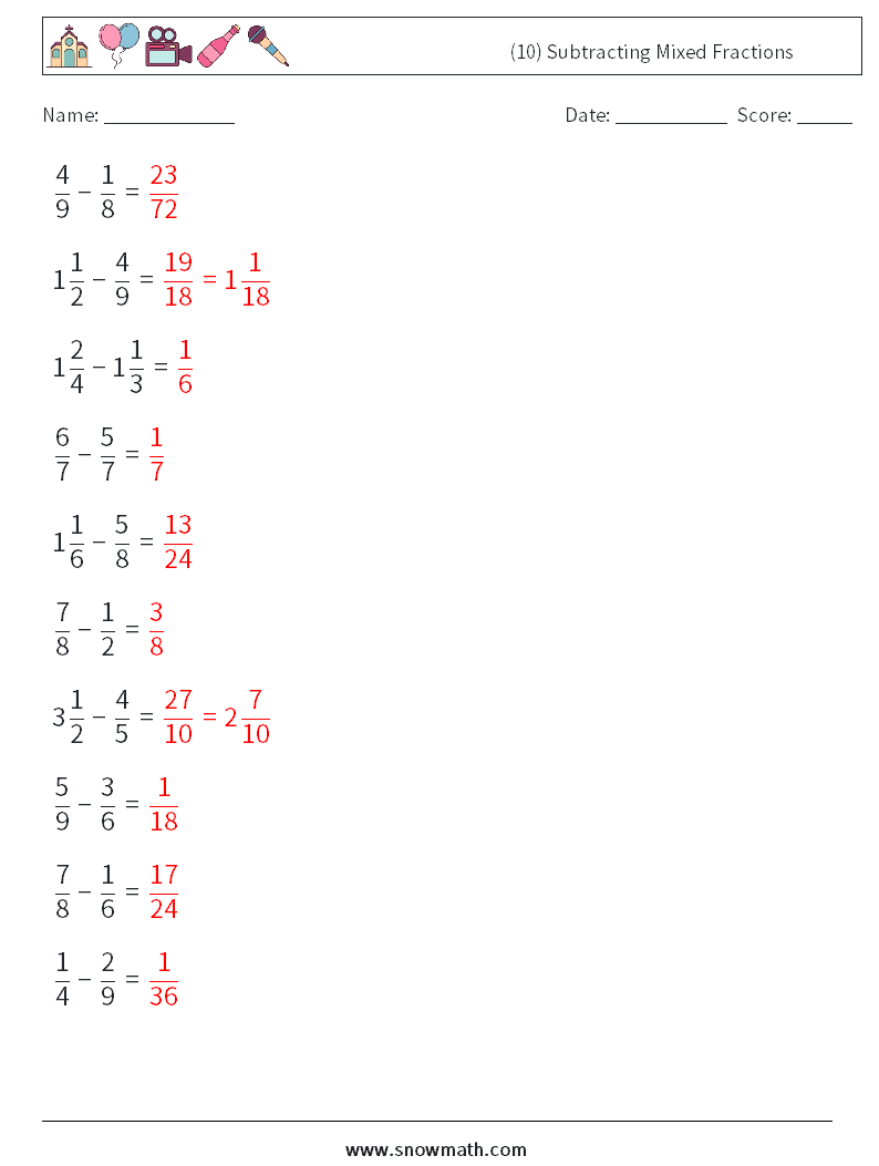 (10) Subtracting Mixed Fractions Maths Worksheets 8 Question, Answer
