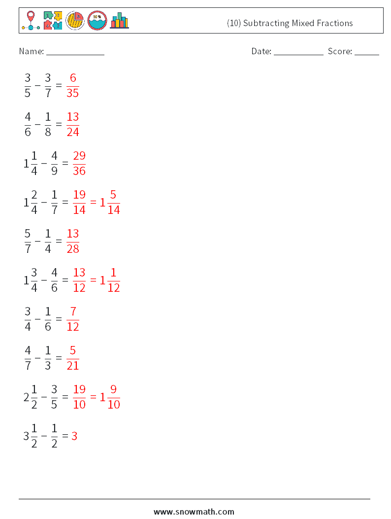 (10) Subtracting Mixed Fractions Maths Worksheets 9 Question, Answer