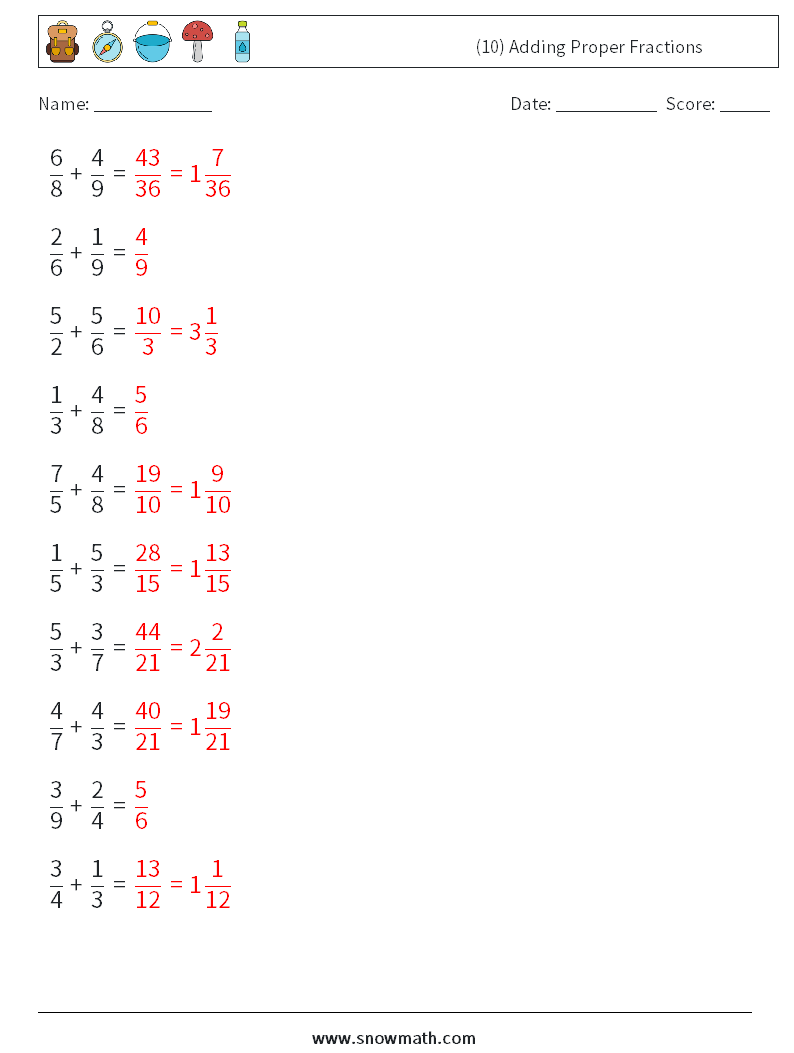 (10) Adding Proper Fractions Maths Worksheets 13 Question, Answer