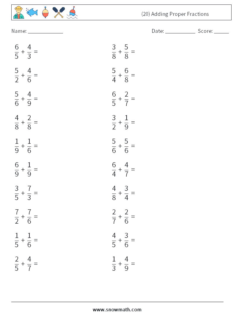 (20) Adding Proper Fractions Maths Worksheets 1