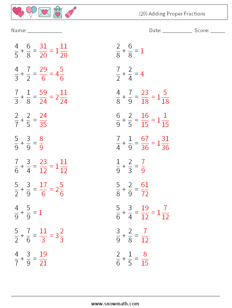 (20) Adding Proper Fractions Maths Worksheets 10 Question, Answer