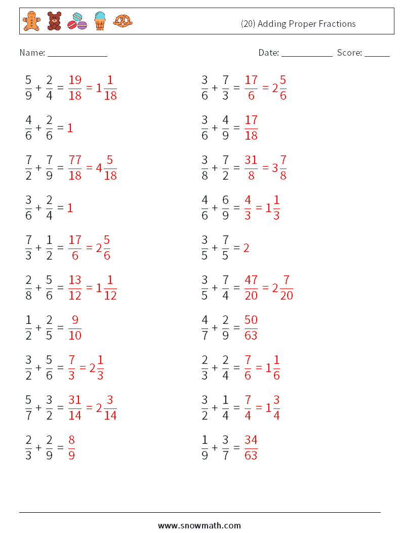 (20) Adding Proper Fractions Maths Worksheets 11 Question, Answer