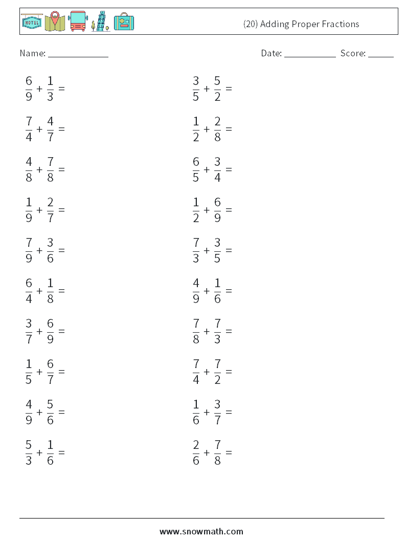 (20) Adding Proper Fractions Maths Worksheets 12