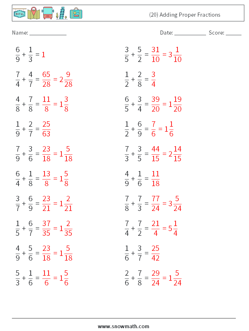 (20) Adding Proper Fractions Maths Worksheets 12 Question, Answer