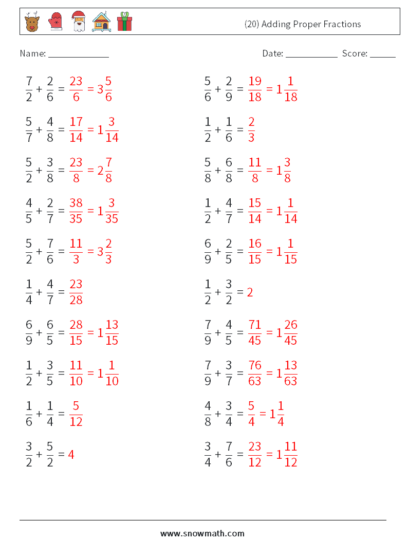 (20) Adding Proper Fractions Maths Worksheets 13 Question, Answer