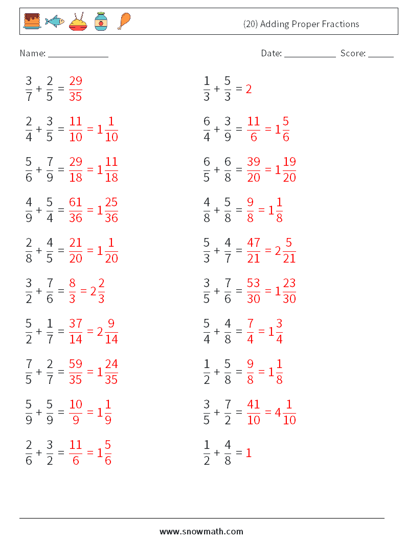 (20) Adding Proper Fractions Maths Worksheets 14 Question, Answer