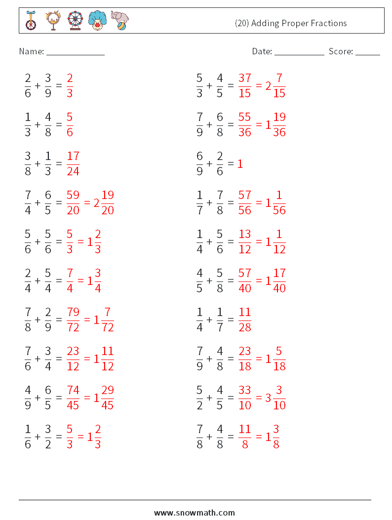 (20) Adding Proper Fractions Maths Worksheets 15 Question, Answer