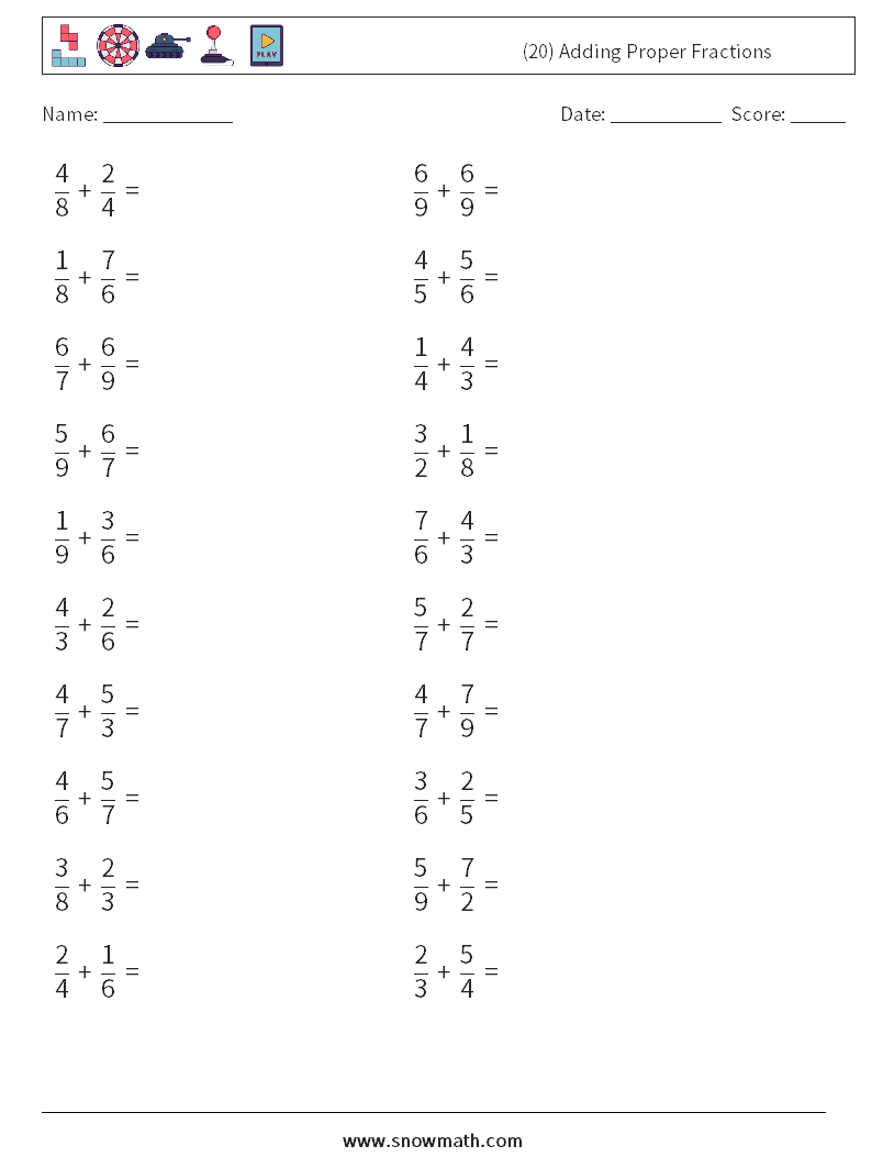 (20) Adding Proper Fractions Maths Worksheets 16