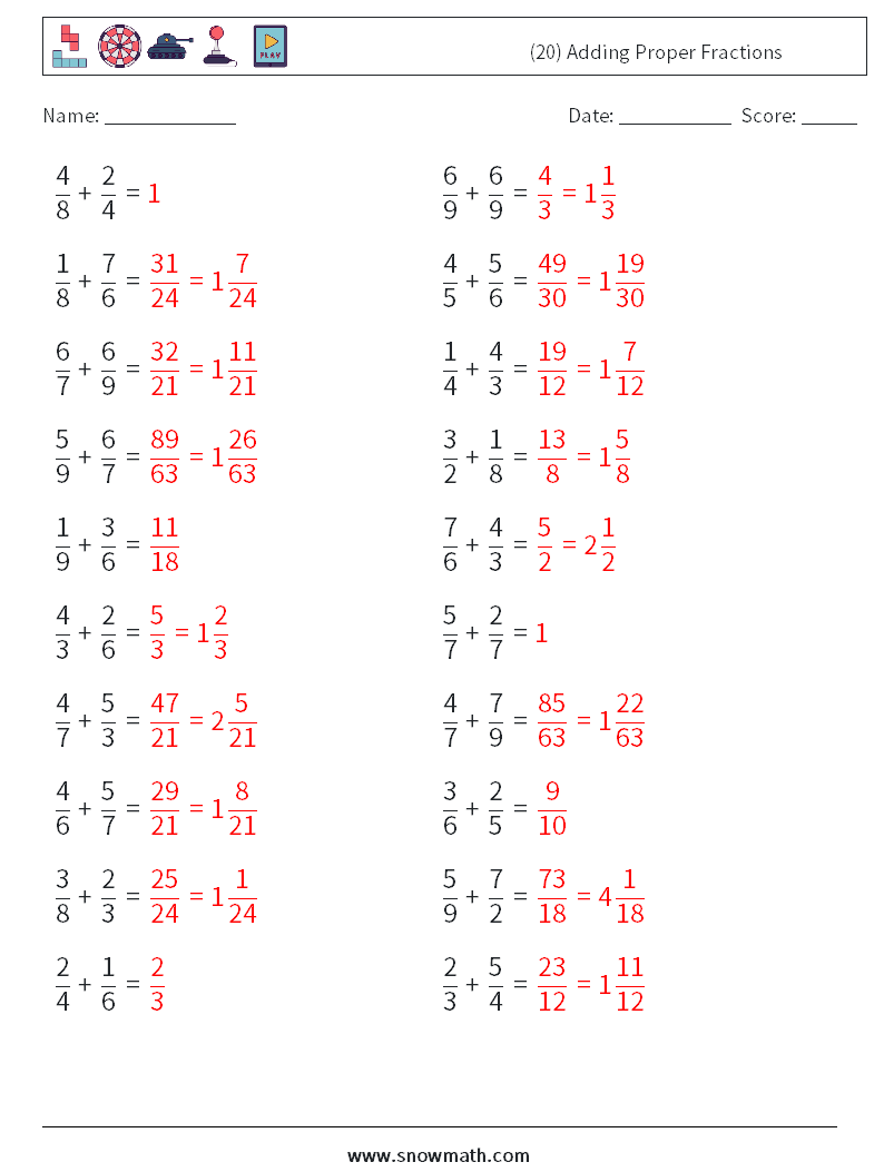 (20) Adding Proper Fractions Maths Worksheets 16 Question, Answer