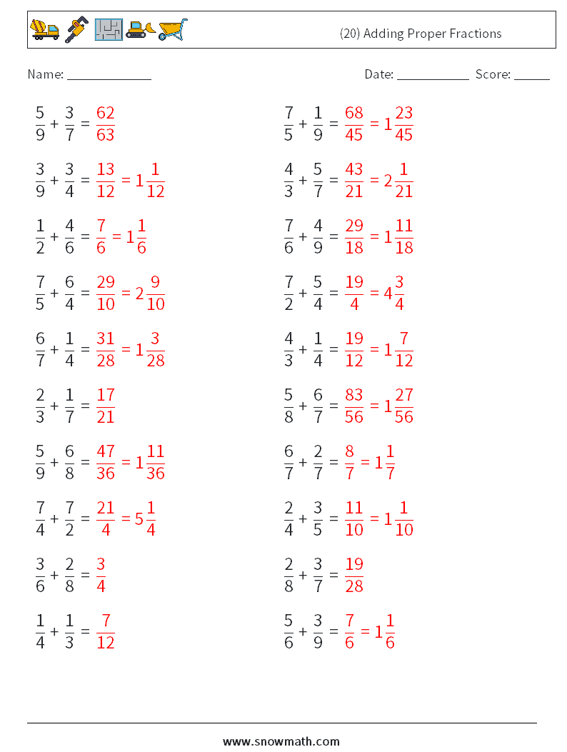 (20) Adding Proper Fractions Maths Worksheets 17 Question, Answer