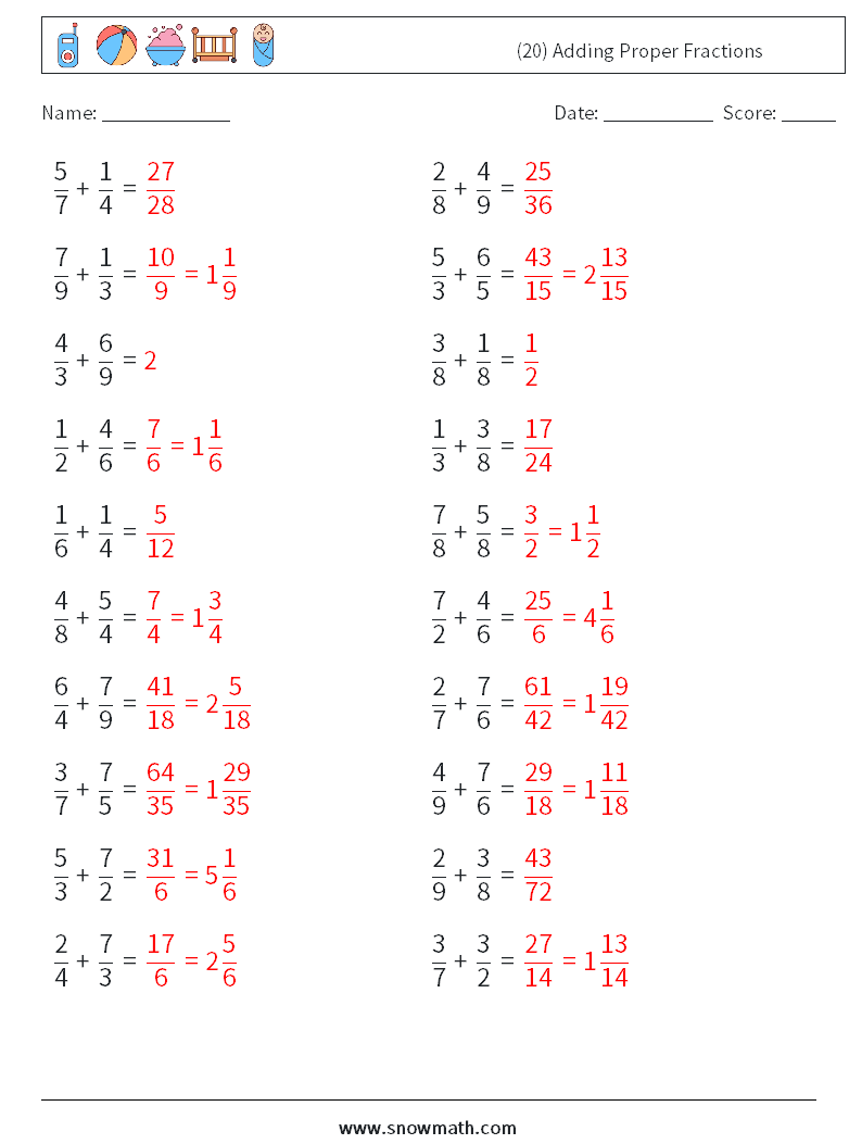 (20) Adding Proper Fractions Maths Worksheets 18 Question, Answer