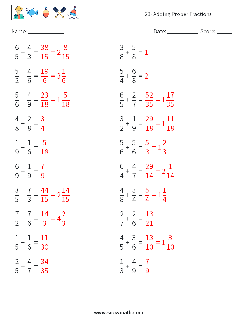 (20) Adding Proper Fractions Maths Worksheets 1 Question, Answer