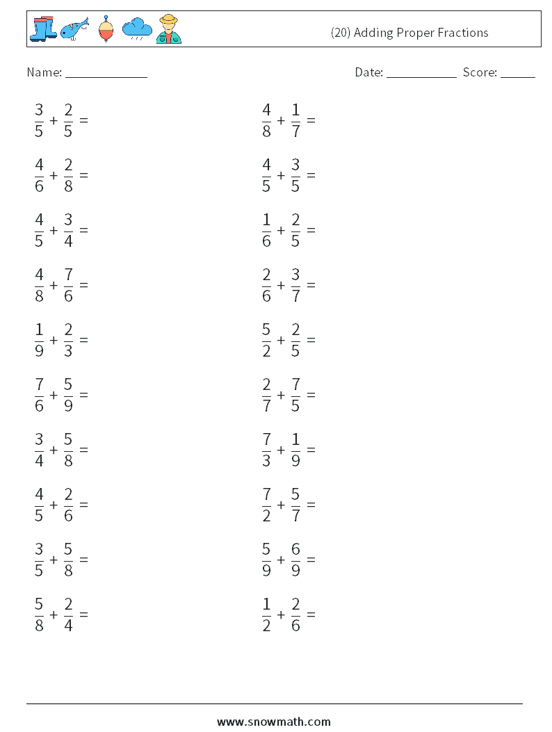 (20) Adding Proper Fractions Maths Worksheets 2