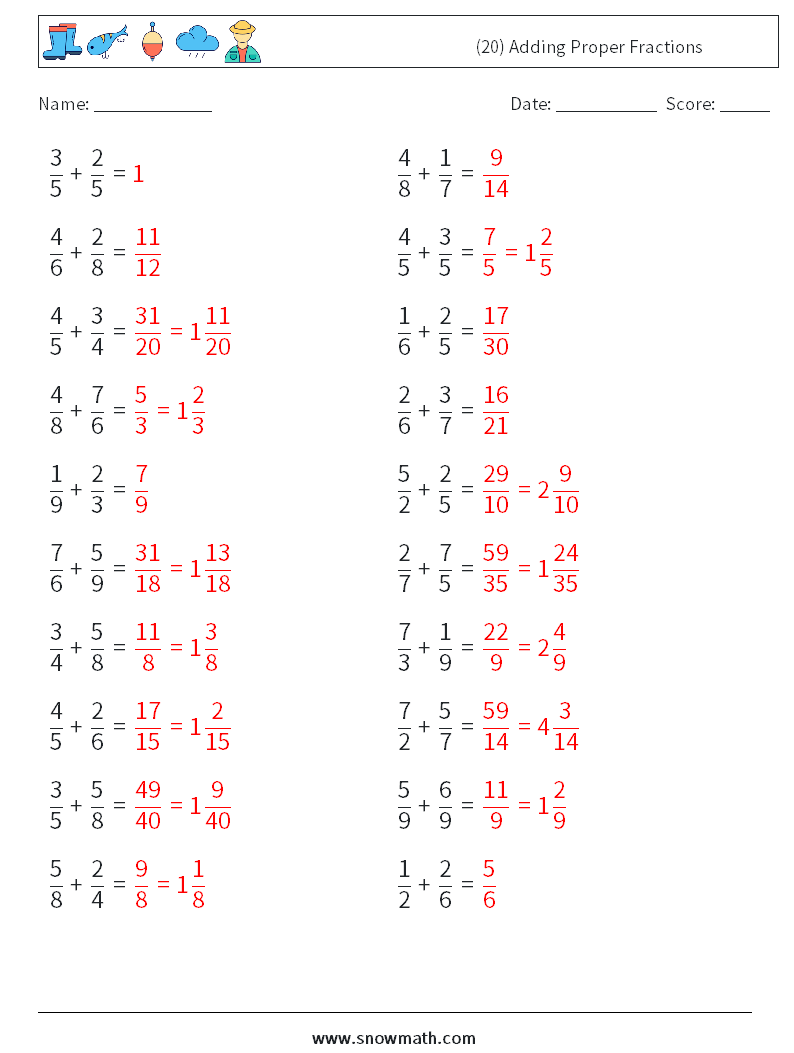 (20) Adding Proper Fractions Maths Worksheets 2 Question, Answer