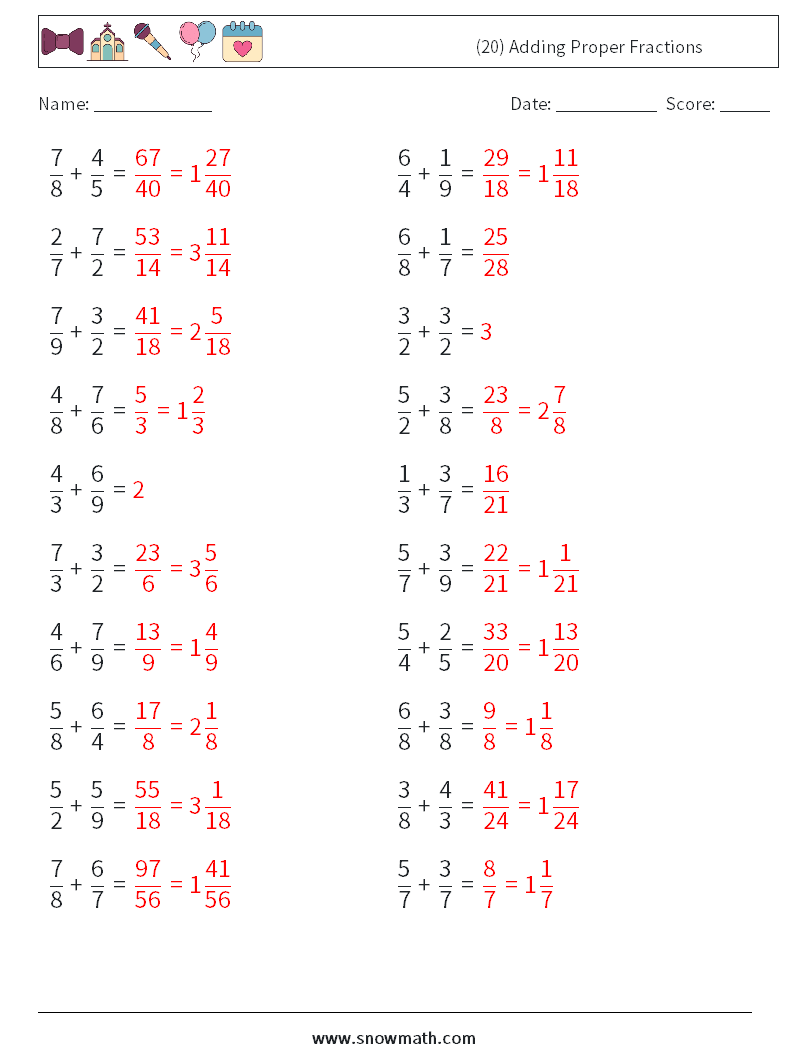 (20) Adding Proper Fractions Maths Worksheets 3 Question, Answer