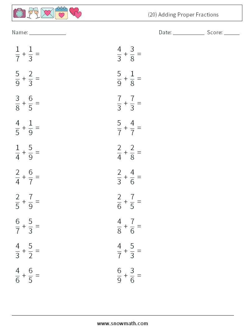(20) Adding Proper Fractions Maths Worksheets 4