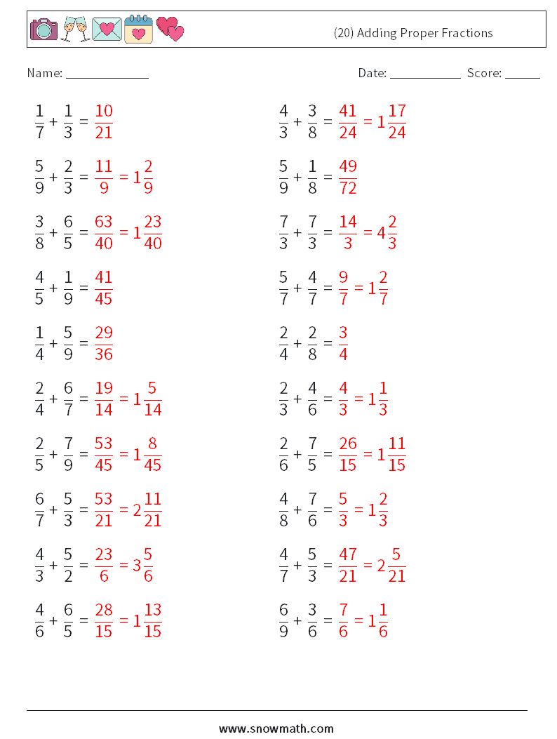 (20) Adding Proper Fractions Maths Worksheets 4 Question, Answer