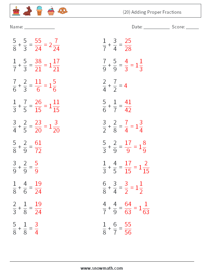 (20) Adding Proper Fractions Maths Worksheets 5 Question, Answer