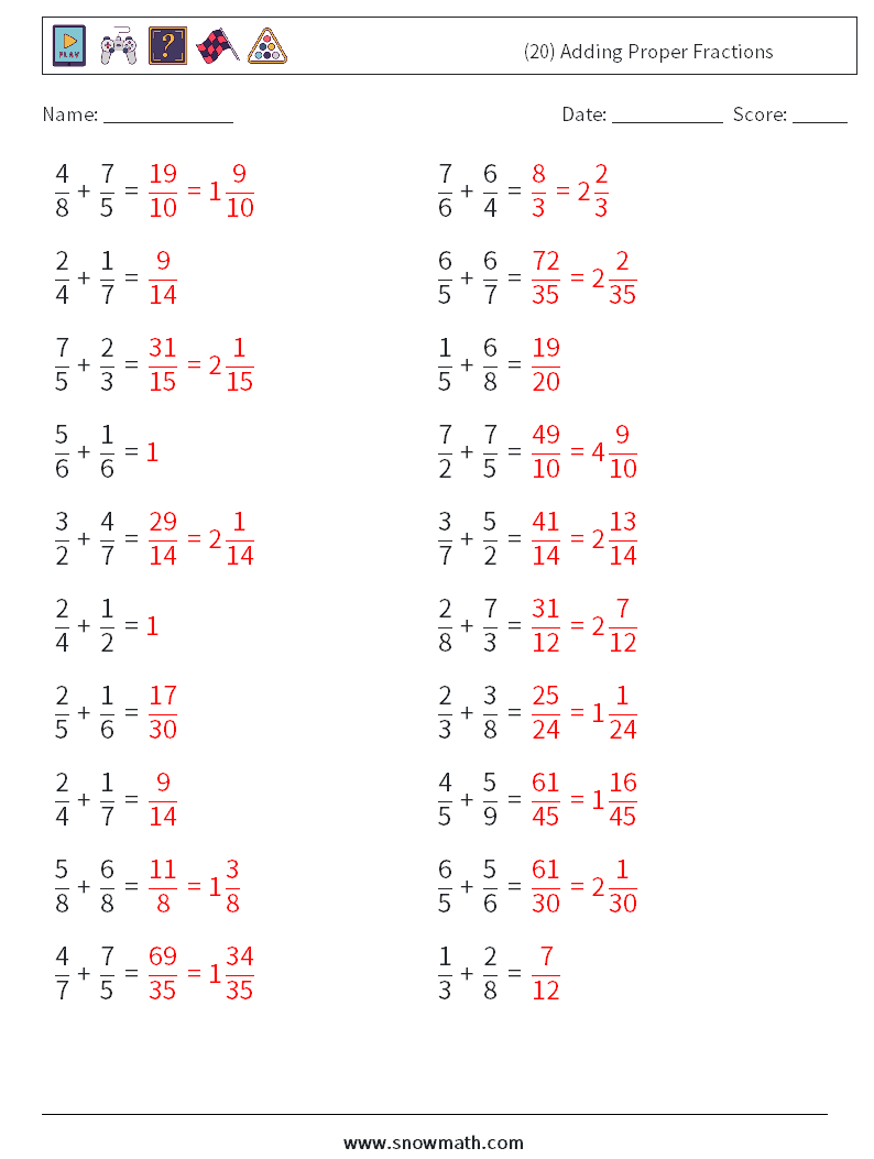 (20) Adding Proper Fractions Maths Worksheets 6 Question, Answer