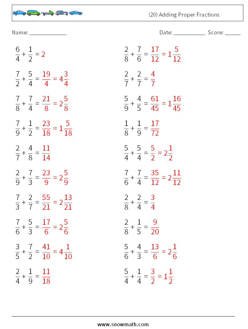 (20) Adding Proper Fractions Maths Worksheets 7 Question, Answer