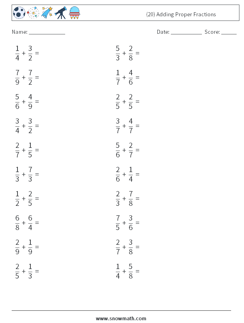 (20) Adding Proper Fractions Maths Worksheets 8