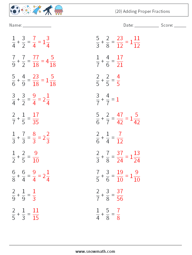 (20) Adding Proper Fractions Maths Worksheets 8 Question, Answer