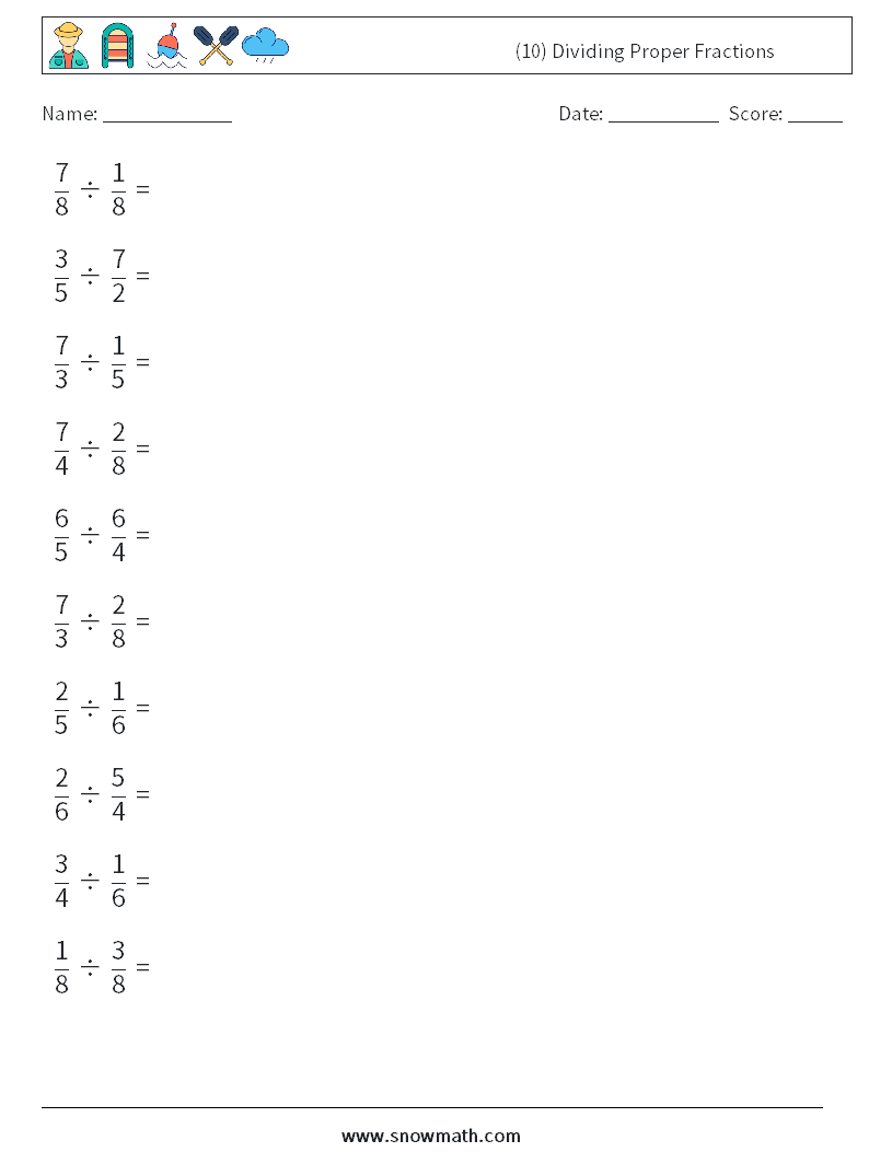 (10) Dividing Proper Fractions Maths Worksheets 11